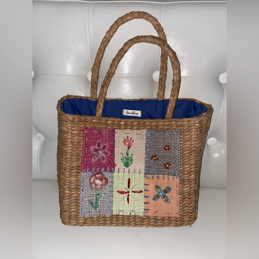 Neiman Marcus Straw Patchwork Handbag